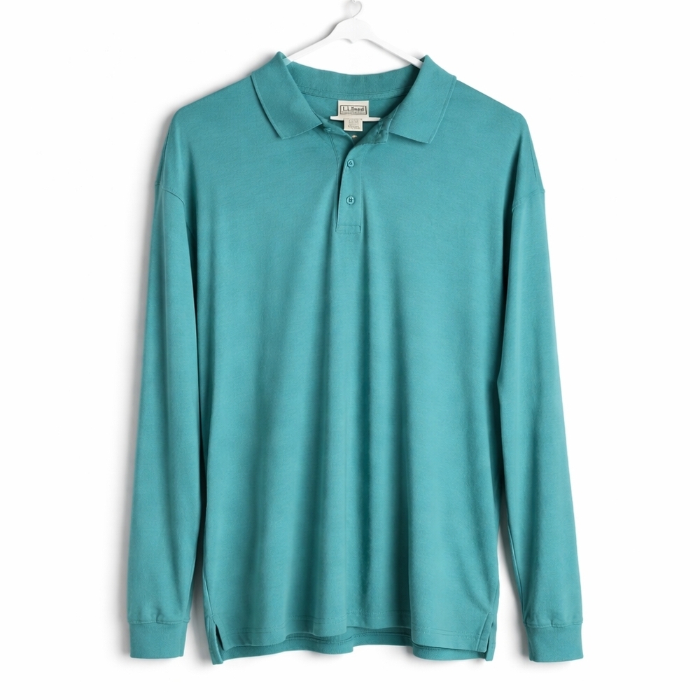 L.L. Bean Pima Cotton Long Sleeve Polo Shirt Men’s Large Teal Green Soft Casual